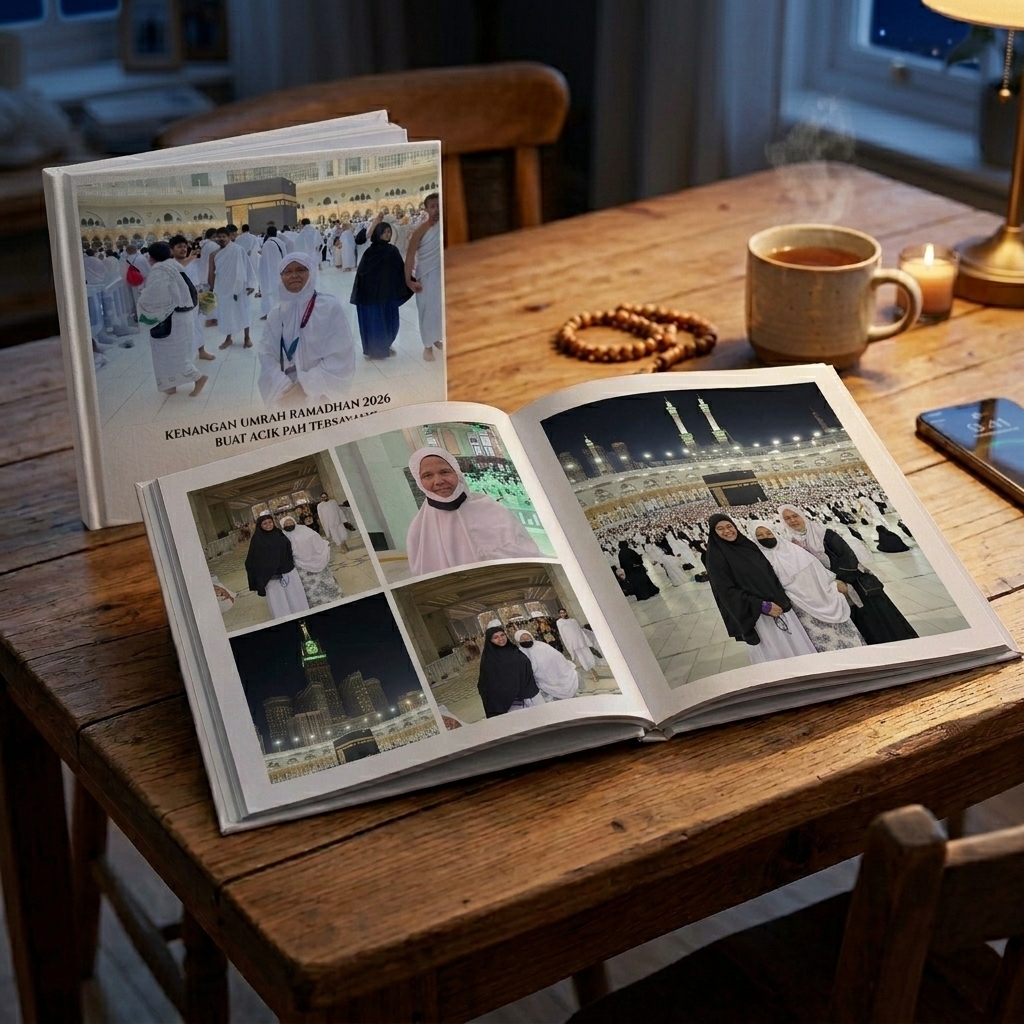 Photobook Umrah PixyoPrint tersusun cantik di atas meja