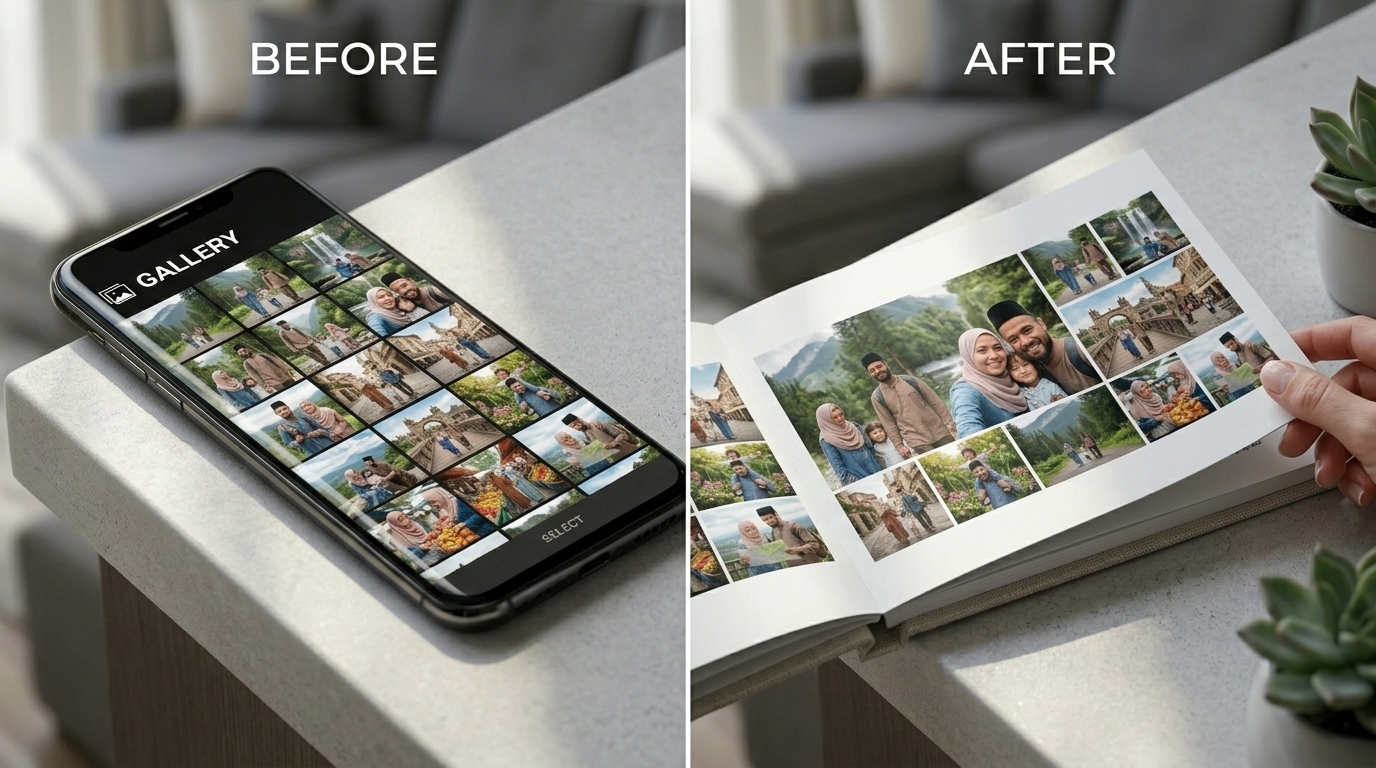 Before: gambar bersepah dalam galeri telefon. After: tersusun cantik dalam photobook PixyoPrint