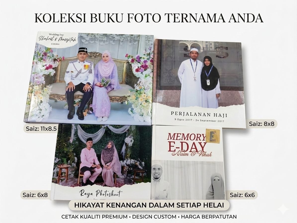 Koleksi photobook PixyoPrint pelbagai saiz: 11x8.5, 8x8, 6x8, 6x6