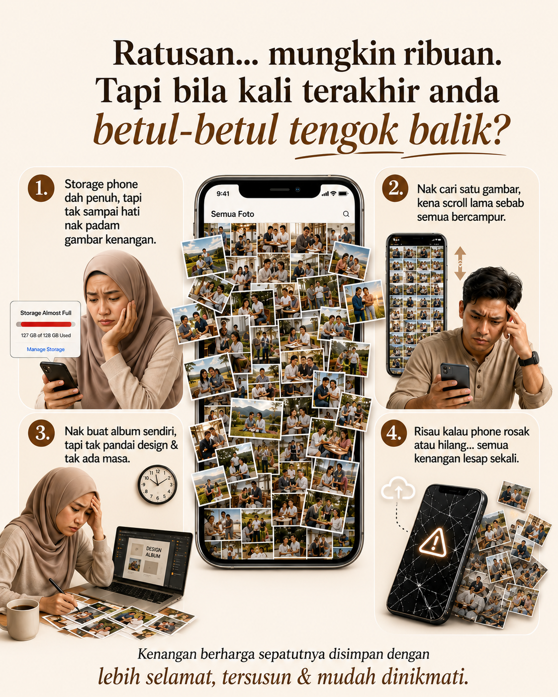 Ratusan gambar tersimpan dalam phone — storage penuh, susah cari, tak pandai design, risau hilang. Kenangan sepatutnya lebih selamat, tersusun & mudah dinikmati.
